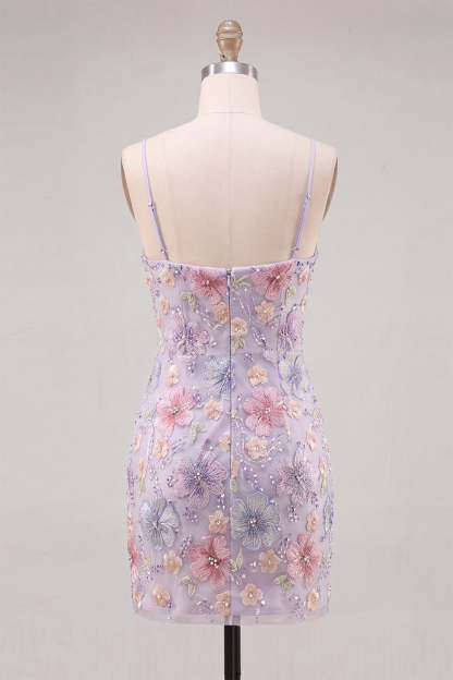 Lilac Floral Sparkly Sequin Beaded Short Homecoming Dress