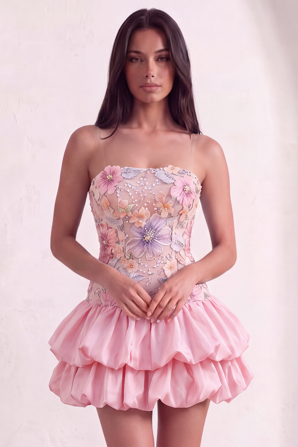 Sparkly Pink Floral Beaded Short Homecoming Dress