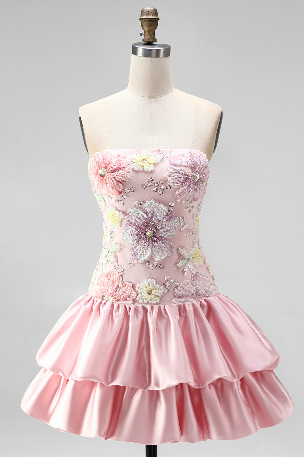 Sparkly Pink Floral Beaded Short Homecoming Dress