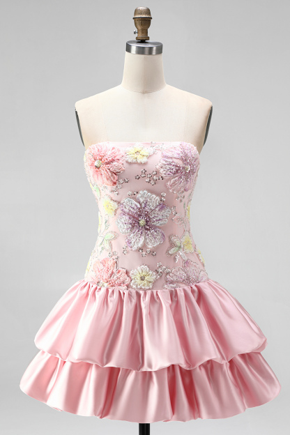 Sparkly Pink Floral Beaded Short Homecoming Dress