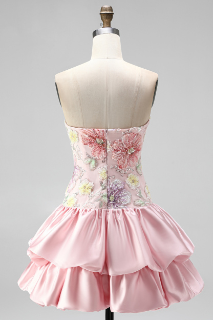 Sparkly Pink Floral Beaded Short Homecoming Dress