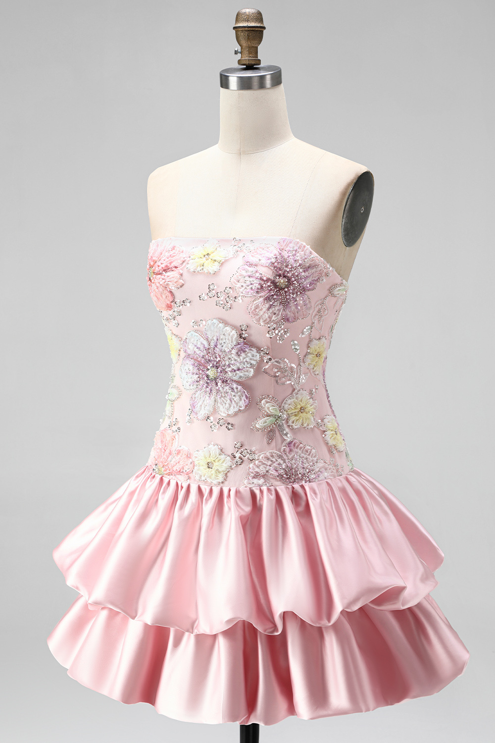 Sparkly Pink Floral Beaded Short Homecoming Dress
