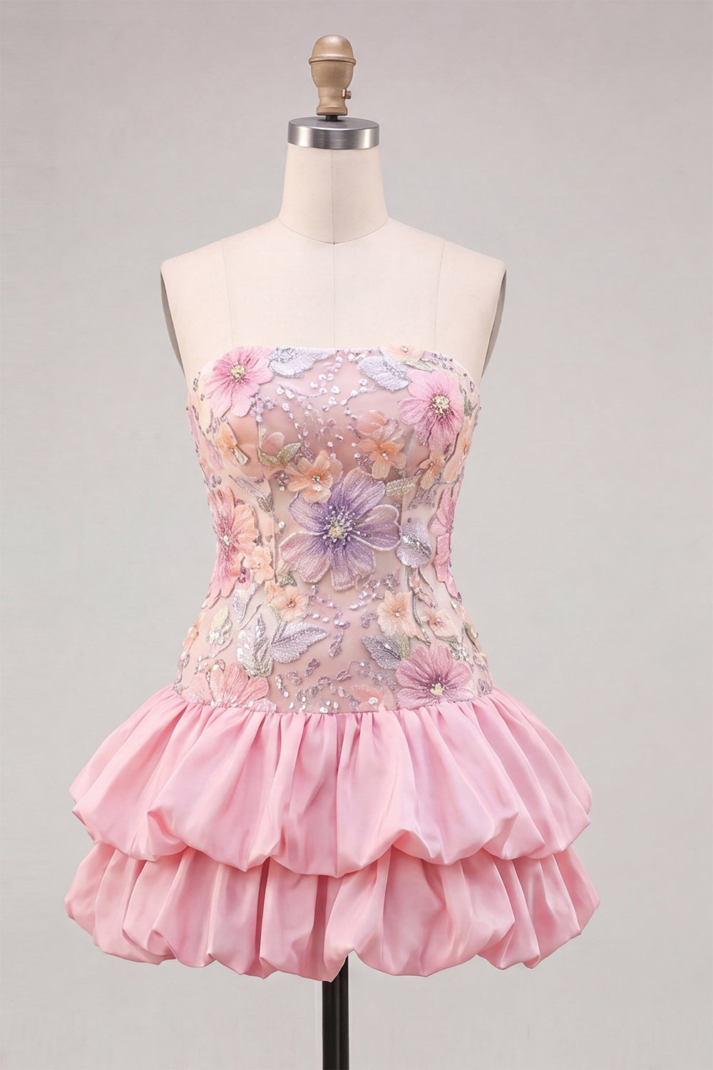 Sparkly Pink Floral Beaded Short Homecoming Dress