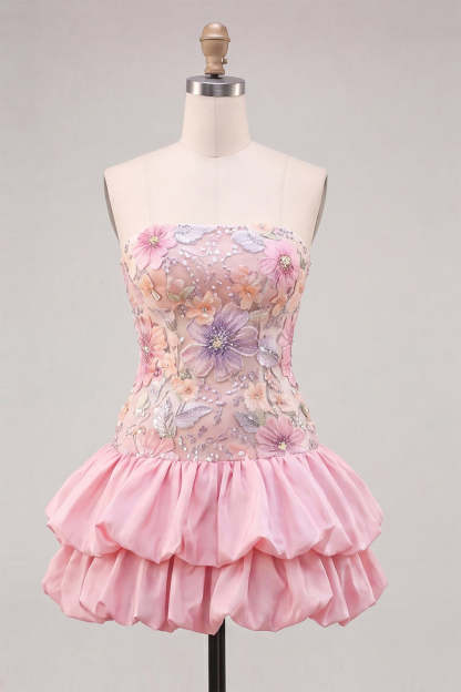 Sparkly Pink Floral Beaded Short Homecoming Dress