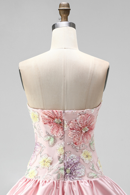 Sparkly Pink Floral Beaded Short Homecoming Dress