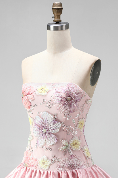 Sparkly Pink Floral Beaded Short Homecoming Dress