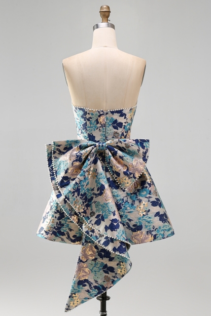 Pink Floral Beaded Short Homecoming Dress with Bow