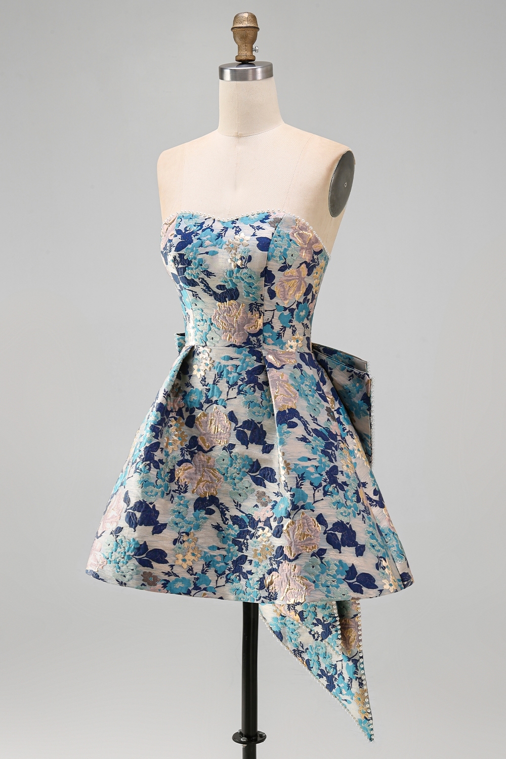 Pink Floral Beaded Short Homecoming Dress with Bow
