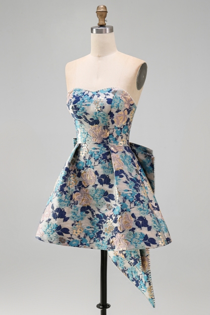 Pink Floral Beaded Short Homecoming Dress with Bow
