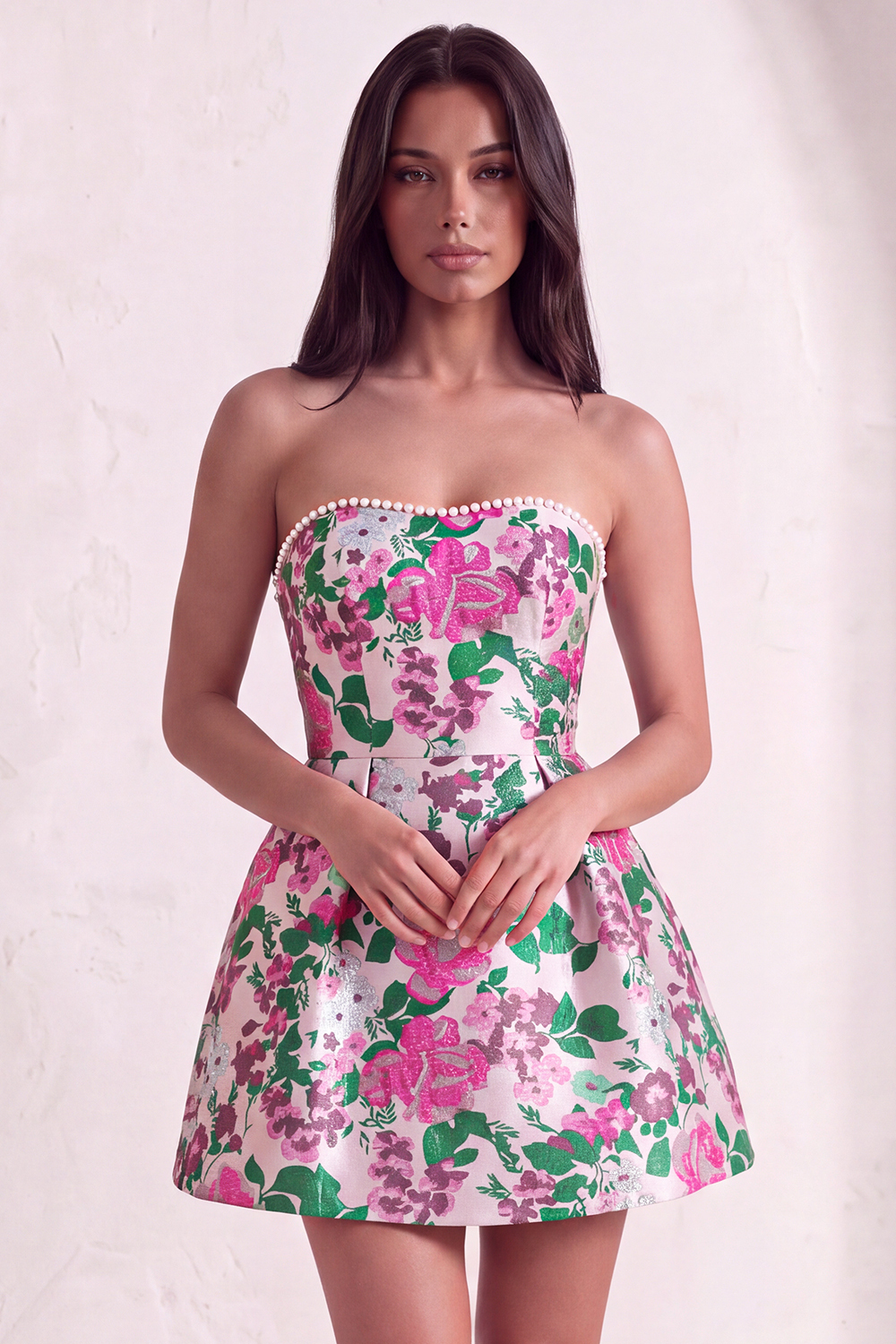 Pink Floral Beaded Short Homecoming Dress with Bow