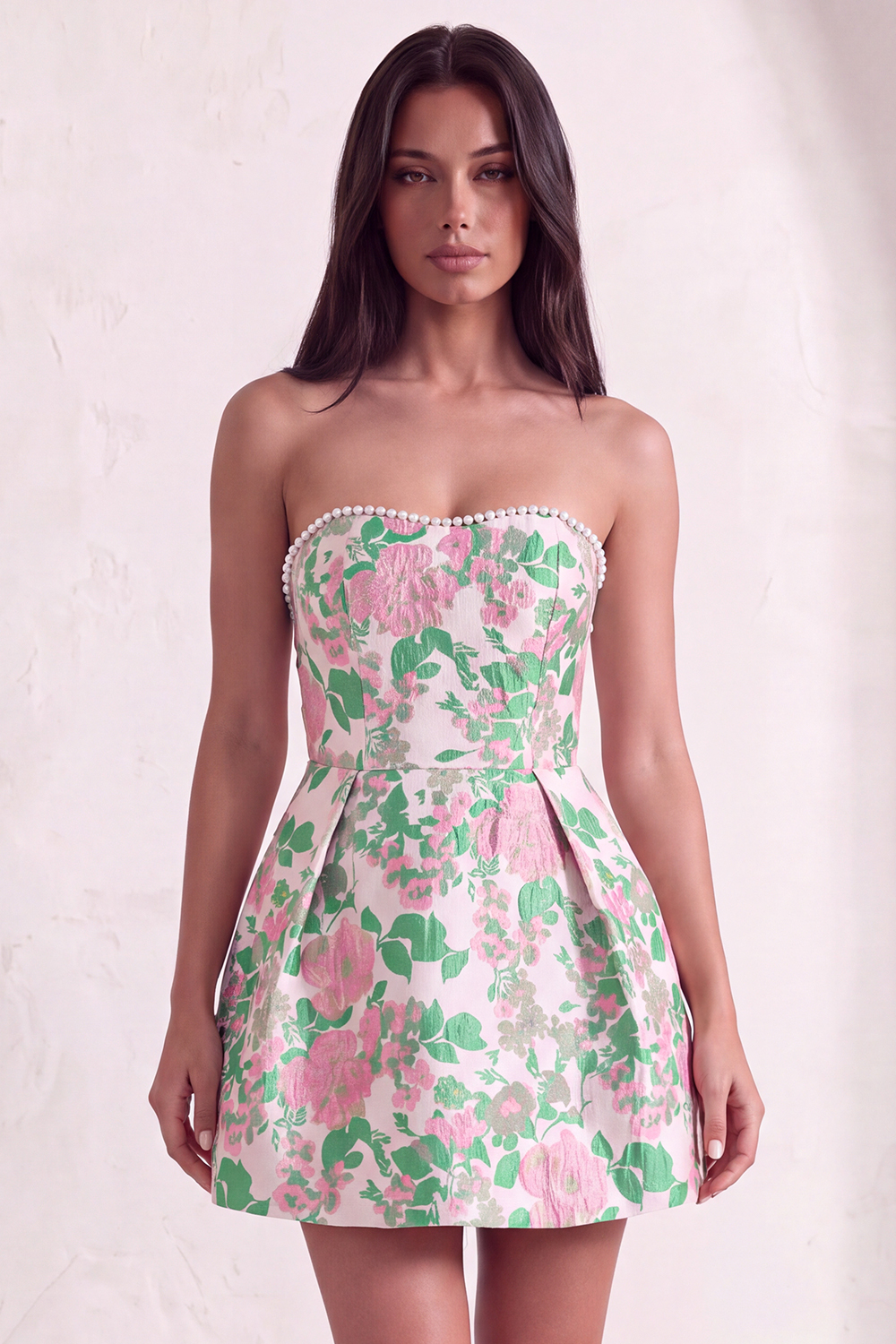 Pink Floral Beaded Short Homecoming Dress with Bow
