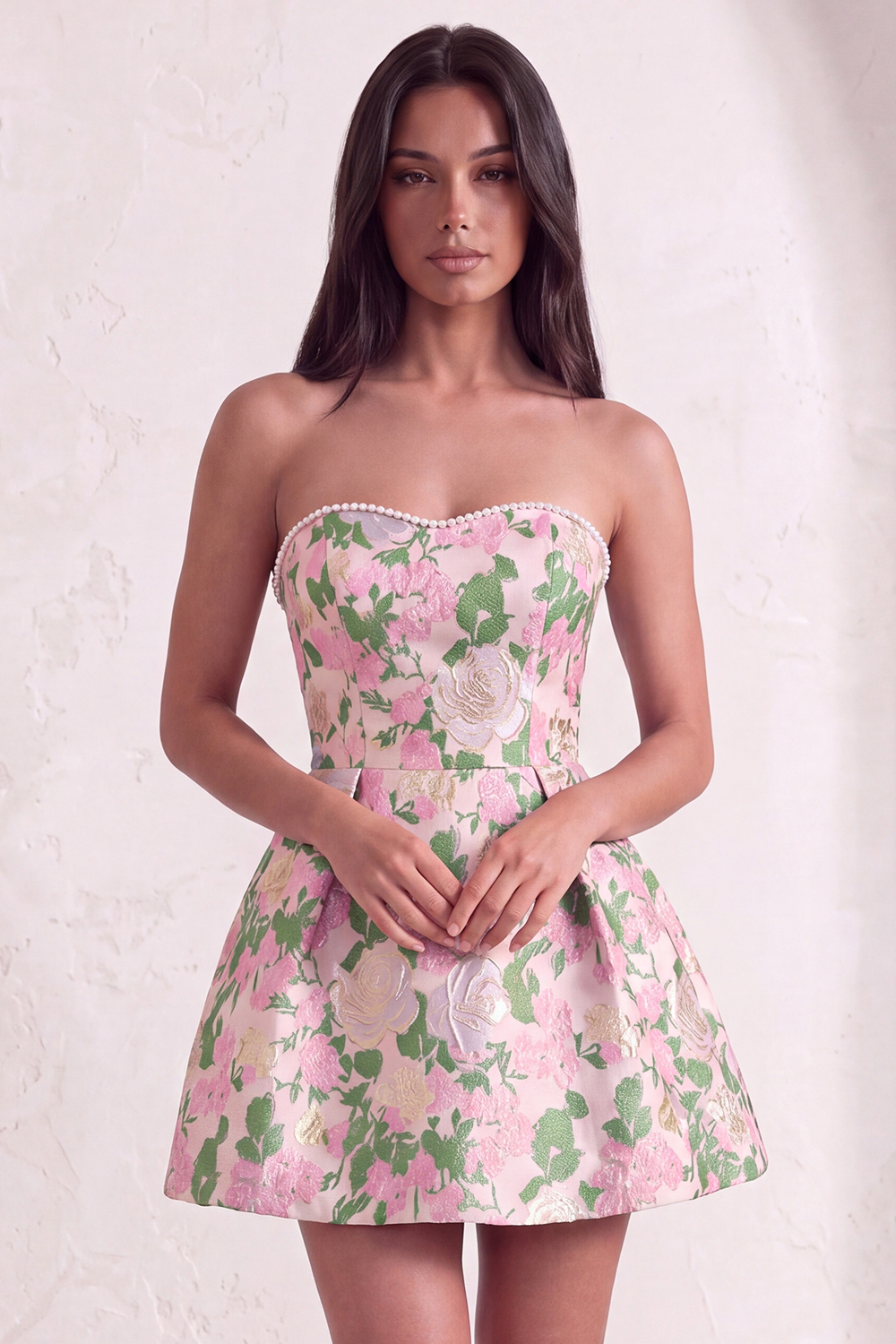Leely Women Pink Floral Jacquard Short Homecoming Dress with Pearls Sweetheart A Line Jacquard Birthday Dress with Bow