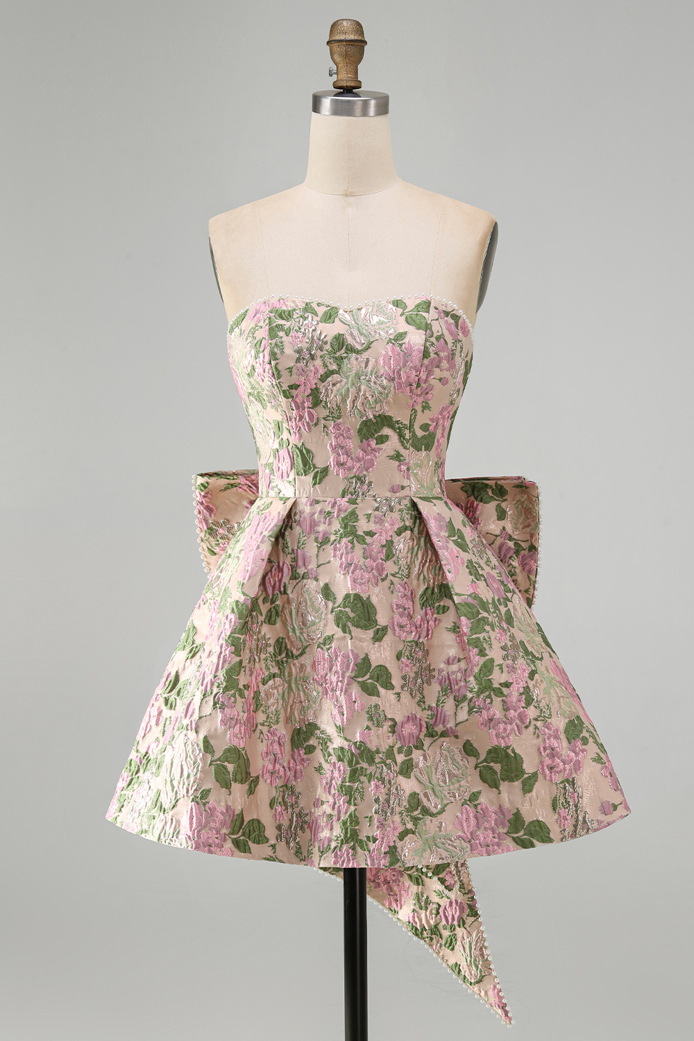 Pink Floral Beaded Short Homecoming Dress with Bow
