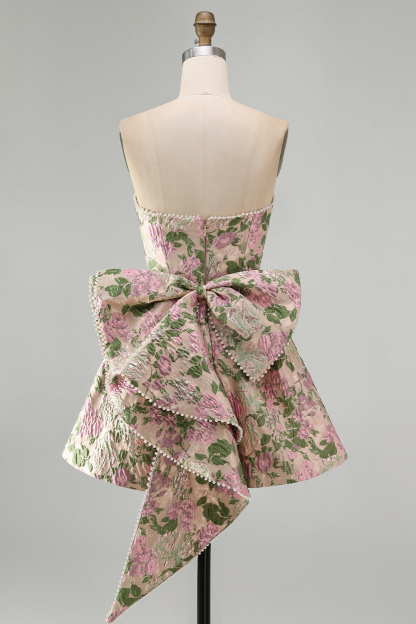 Pink Floral Beaded Short Homecoming Dress with Bow