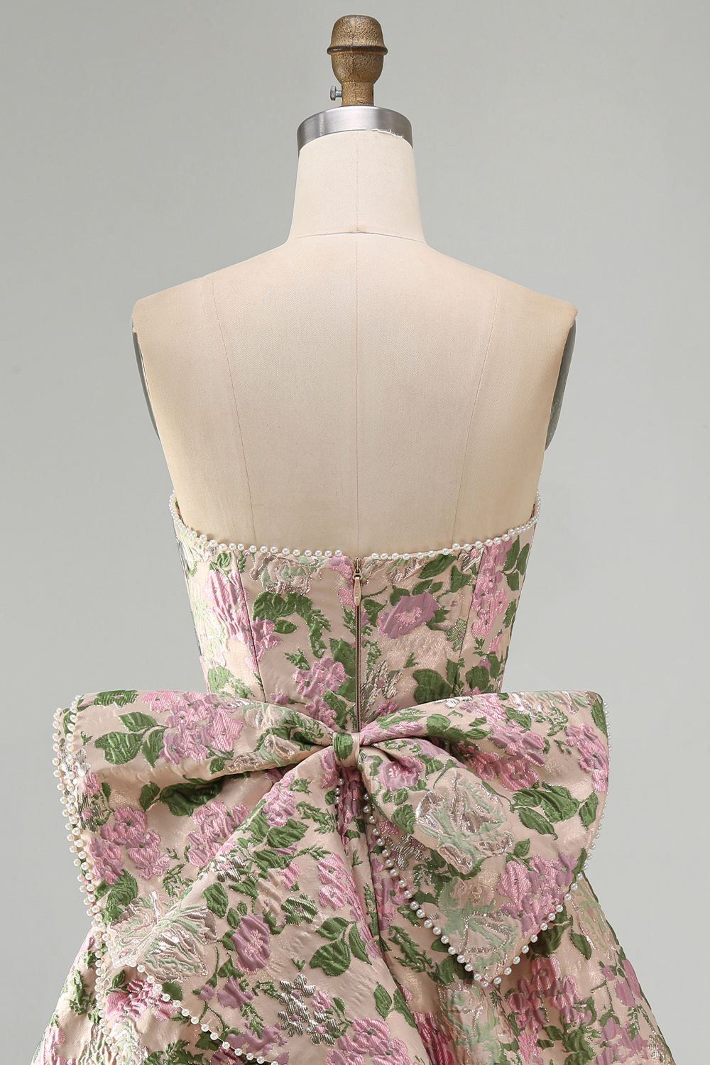 Pink Floral Beaded Short Homecoming Dress with Bow