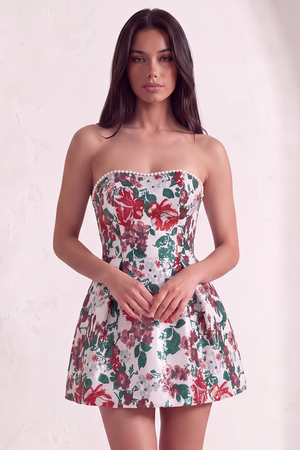 Leely Women Pink Floral Beaded Short Homecoming Dress Sweetheart A Line Jacquard Cocktail Dress with Bow