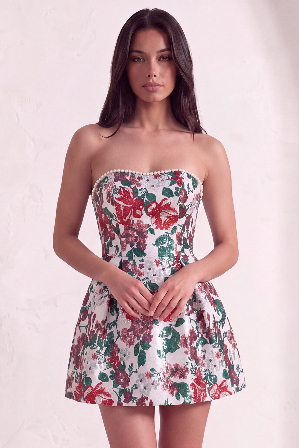 Leely Women Pink Floral Beaded Short Homecoming Dress Sweetheart A Line Jacquard Cocktail Dress with Bow