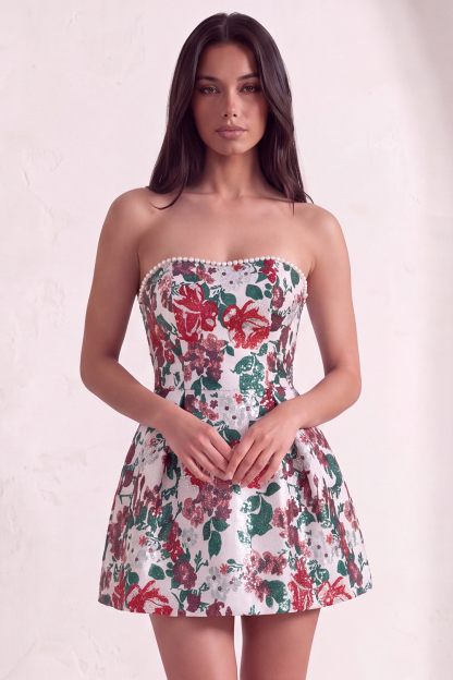 Leely Women Pink Floral Beaded Short Homecoming Dress Sweetheart A Line Jacquard Cocktail Dress with Bow