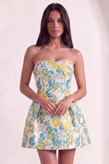 Pink Floral Beaded Short Homecoming Dress with Bow