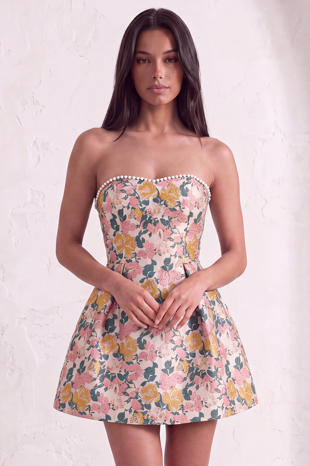 Leely Women Yellow Floral Jacquard Short Homecoming Dress with Pearls Sweetheart A Line Jacquard Birthday Dress with Bow