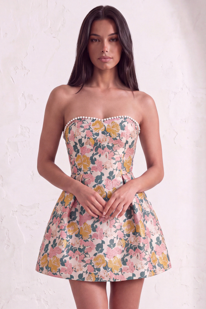 Leely Women Yellow Floral Jacquard Short Homecoming Dress with Pearls Sweetheart A Line Jacquard Birthday Dress with Bow