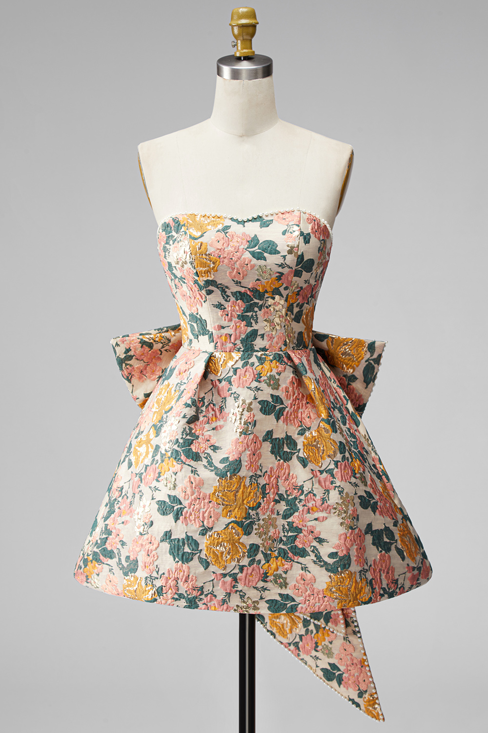 Pink Floral Beaded Short Homecoming Dress with Bow