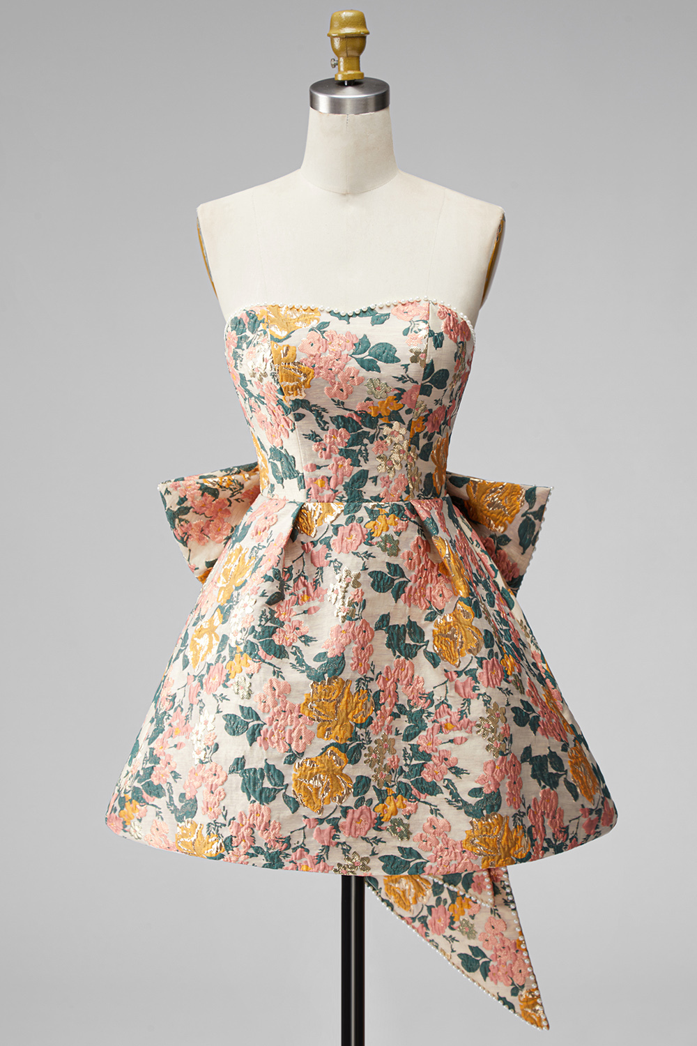 Pink Floral Beaded Short Homecoming Dress with Bow