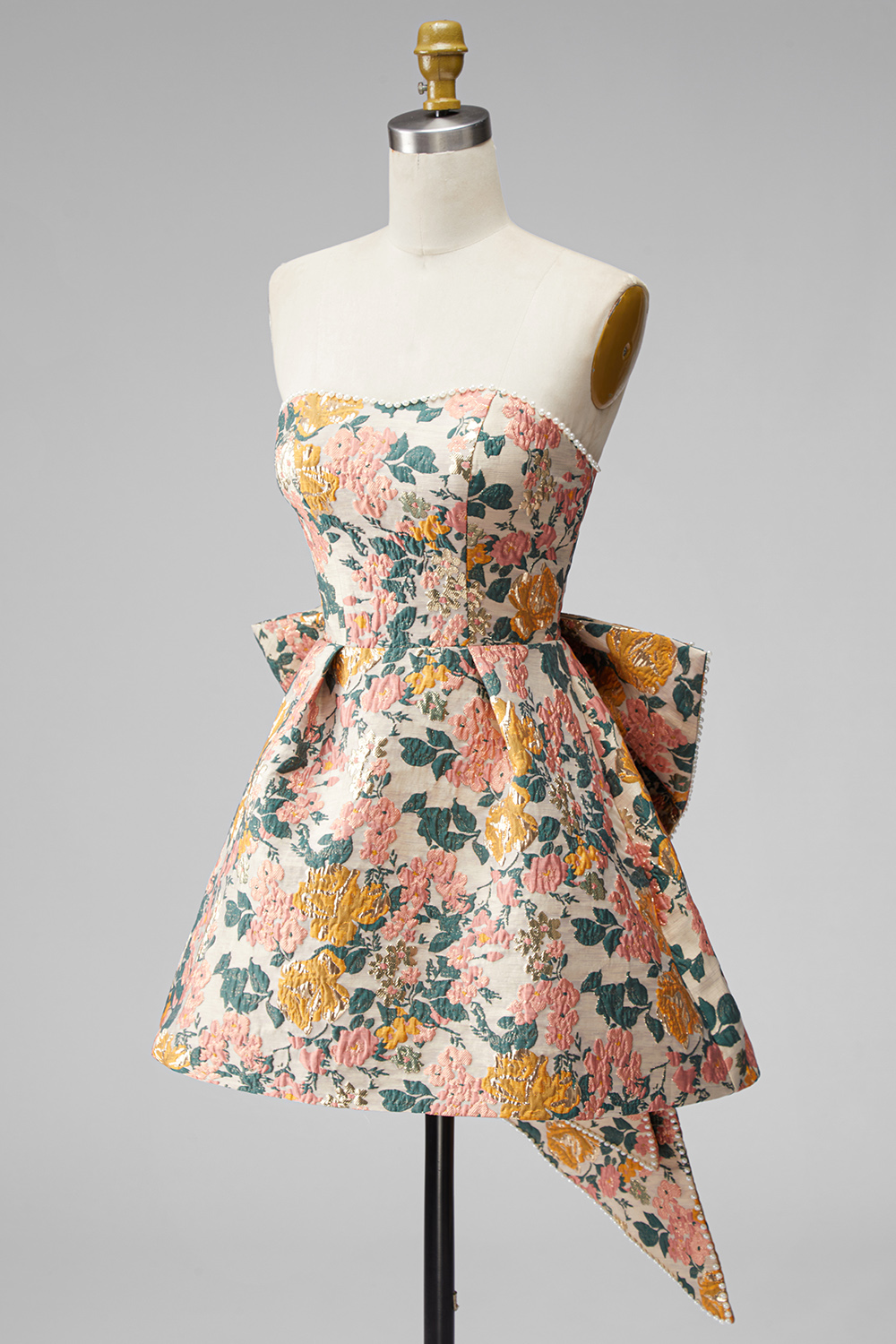 Pink Floral Beaded Short Homecoming Dress with Bow