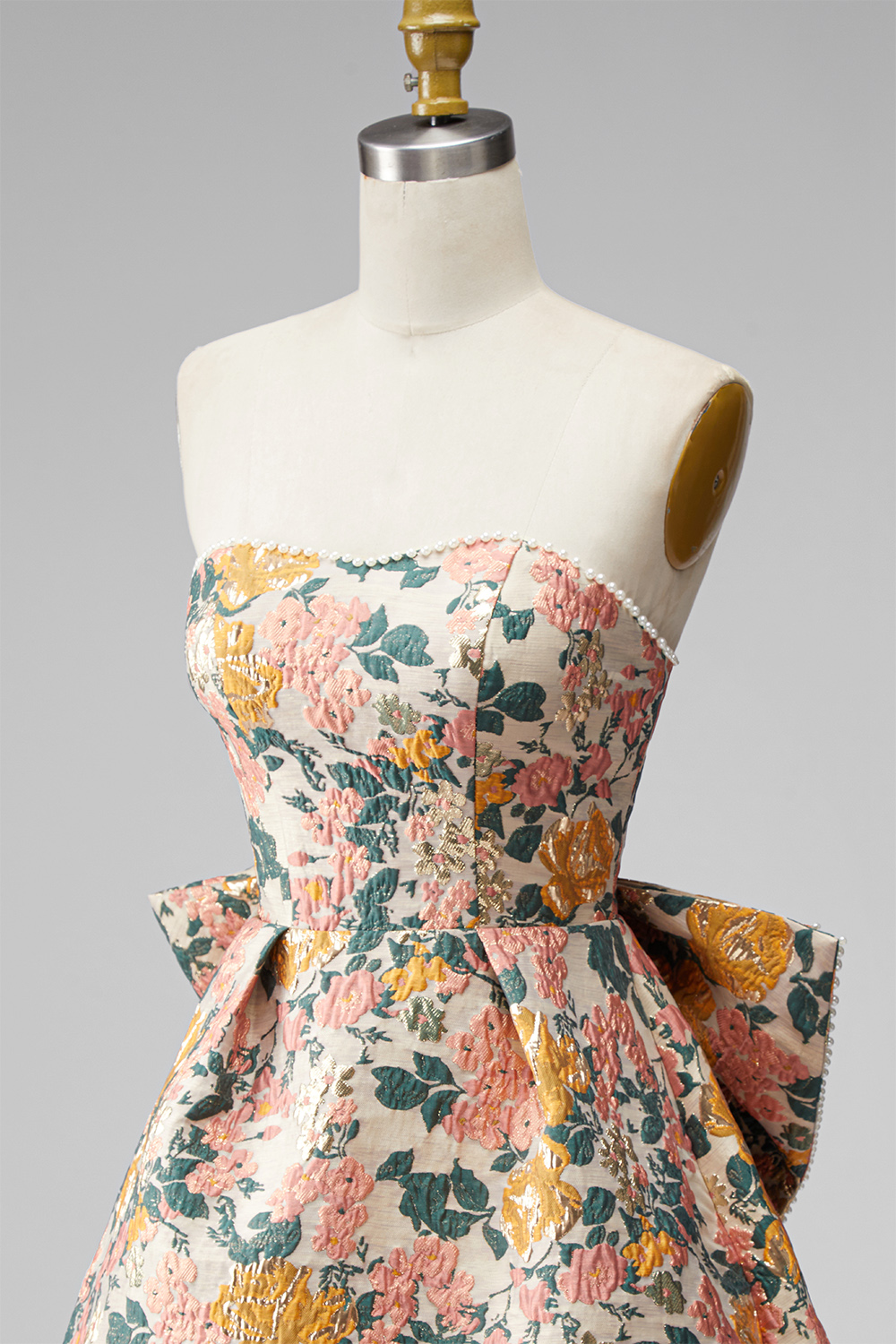 Pink Floral Beaded Short Homecoming Dress with Bow