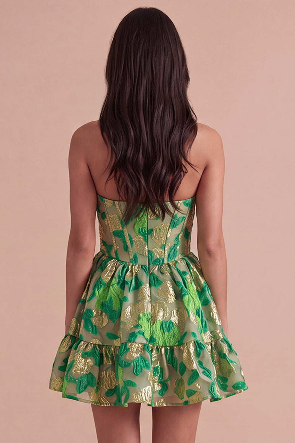 Green Floral Jacquard Corset A Line Short Homecoming Dress