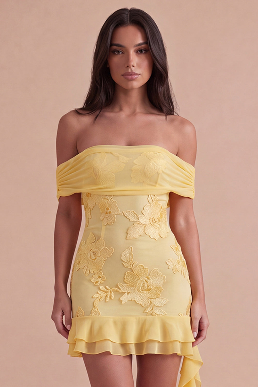 Yellow Floral Ruffled Bodycon Short Homecoming Dress