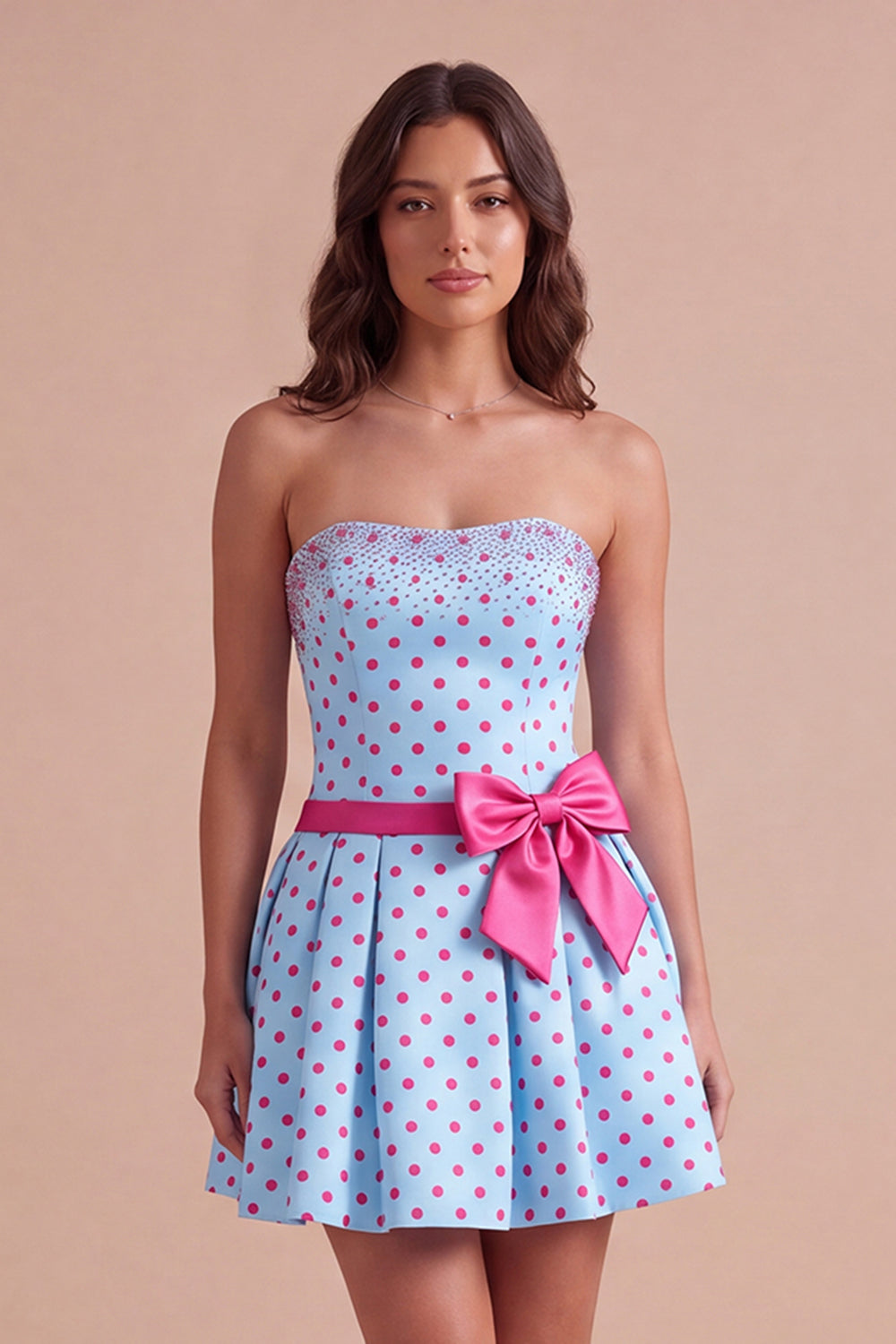 Sky Blue Polka Dots Short Homecoming Dress with Bow