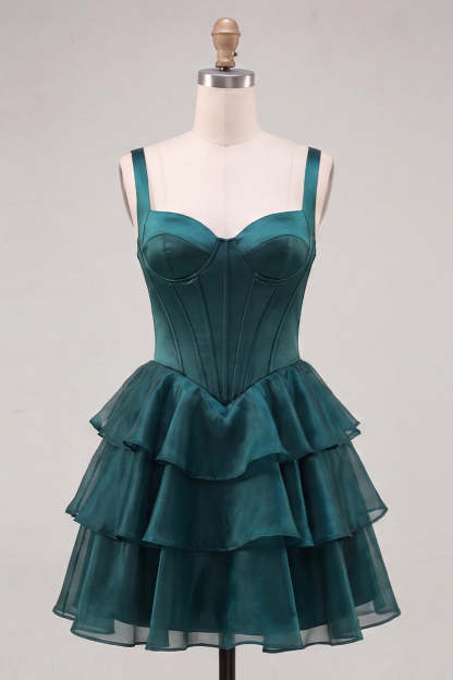 Dark Green Corset Ruffled Short Homecoming Dress