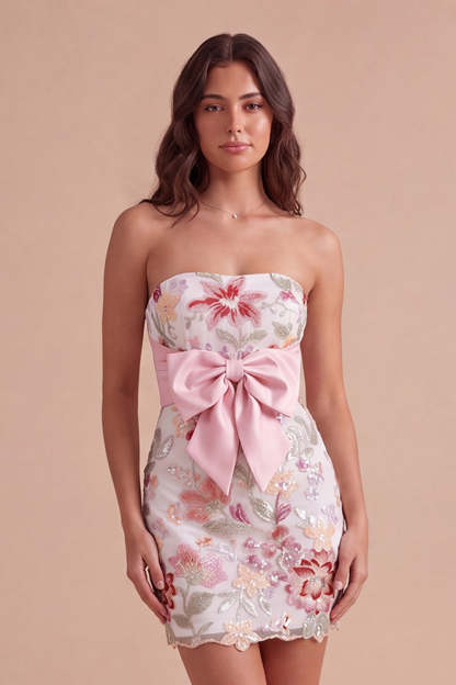 Leely Women Sparkly Pink Floral Sequin Embroidered Short Homecoming Dress Strapless Lace Up Back Bodycon Cocktail Dress