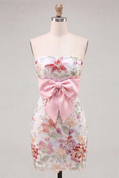 Sparkly Pink Floral Sequin Embroidered Short Homecoming Dress