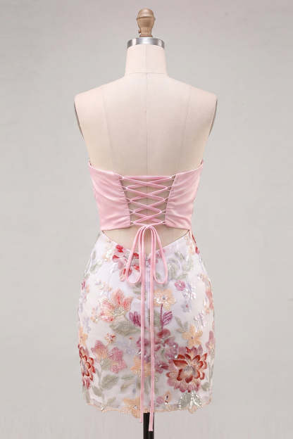 Sparkly Pink Floral Sequin Embroidered Short Homecoming Dress