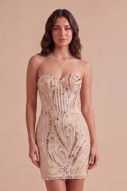Leely Women Champagne Sparkly Sequin Corset Short Homecoming Dress Sweetheart Lace Up Back Bodycon Cocktail Dress