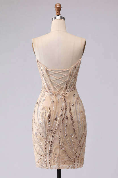 Champagne Sparkly Sequin Corset Short Homecoming Dress