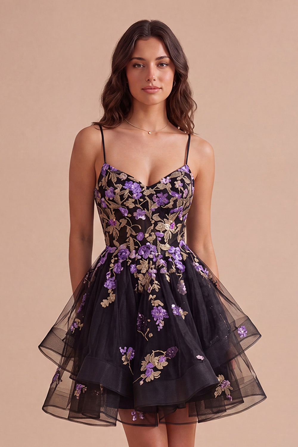 Black Sparkly Floral Sequin Spaghetti Straps Short Homecoming Dress