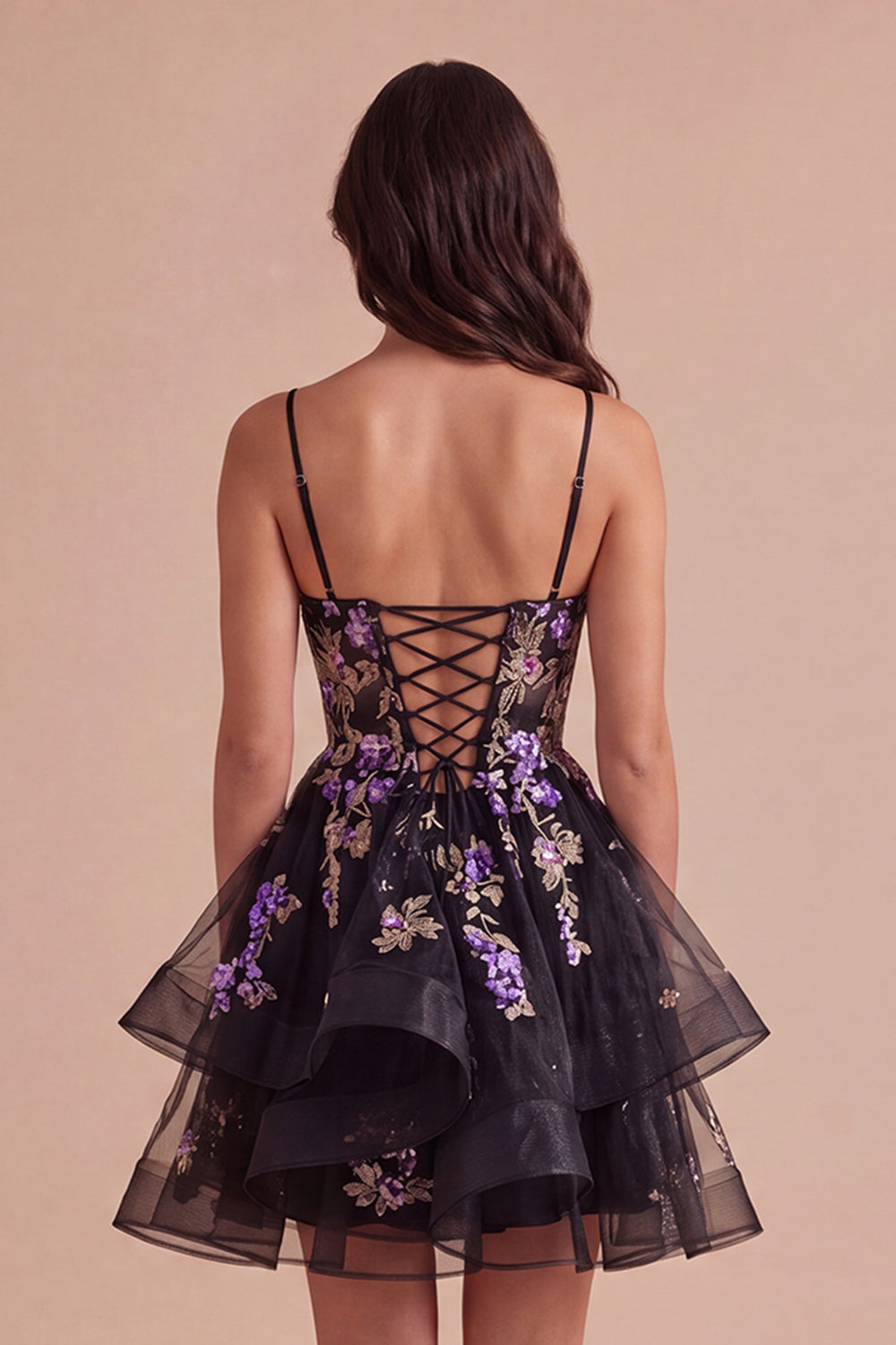 Black Sparkly Floral Sequin Spaghetti Straps Short Homecoming Dress
