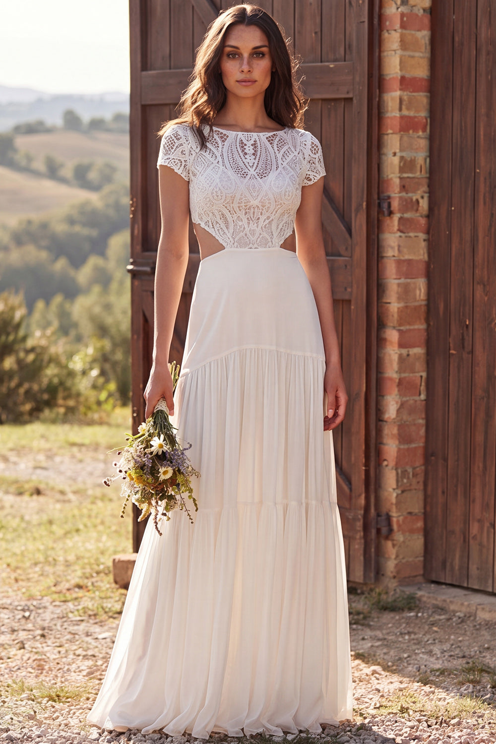 Leely Women Ivory Floor Length Boho Wedding Dress with Lace Boat Neck A Line Cut Out
