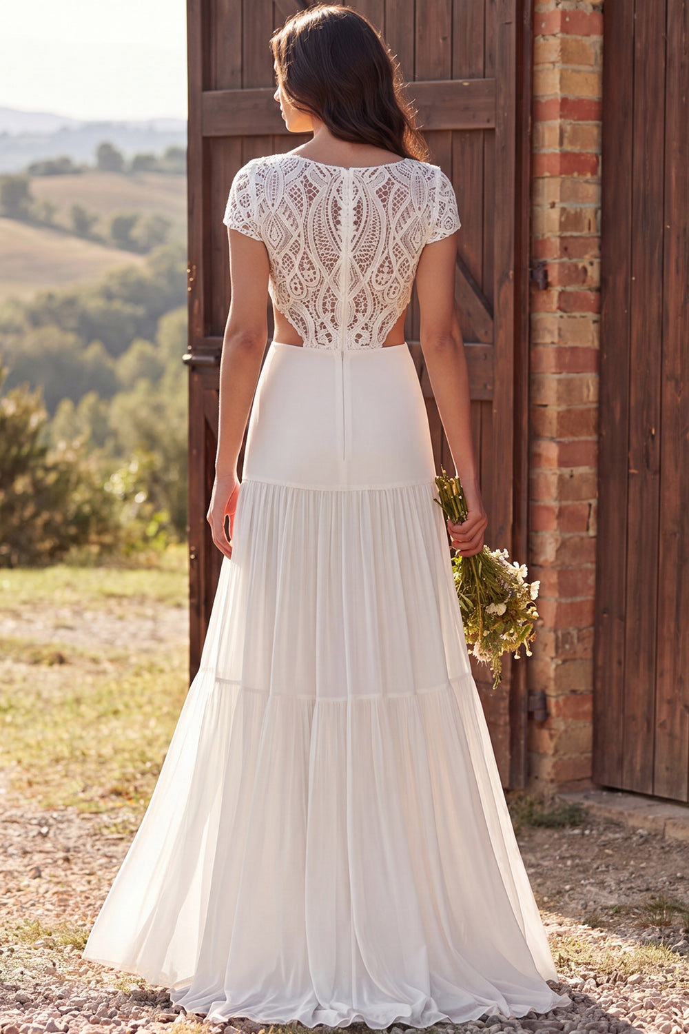 Ivory Boat Neck A Line Floor Length Boho Wedding Dress with Lace