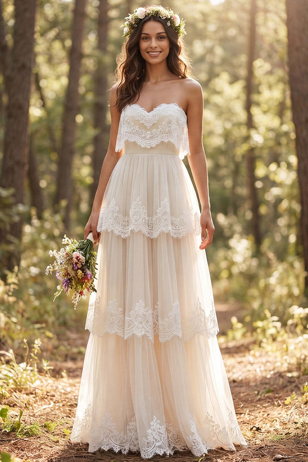 Leely Women Ivory Ruffled Floor Length Boho Wedding Dress with Lace Sweetheart A Line Bridal Dress