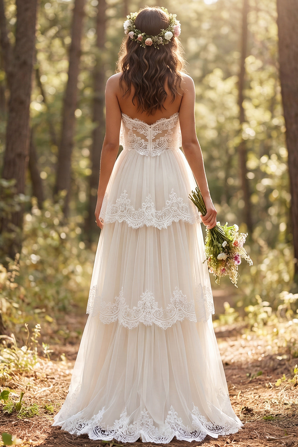 Ivory Sweetheart A Line Ruffled Floor Length Boho Wedding Dress