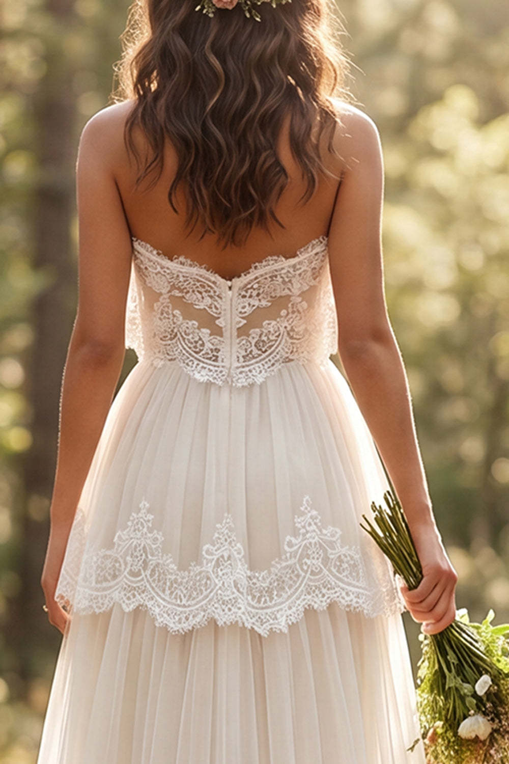 Ivory Sweetheart A Line Ruffled Floor Length Boho Wedding Dress