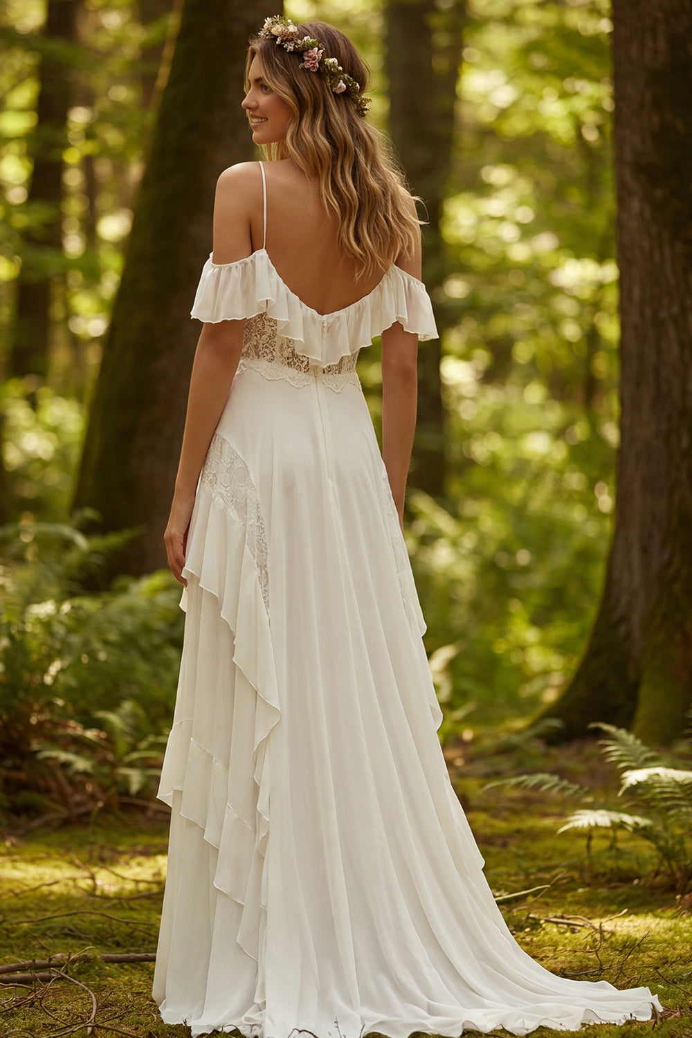 Ivory Corset Spaghetti Straps A Line Sweep Train Boho Wedding Dress
