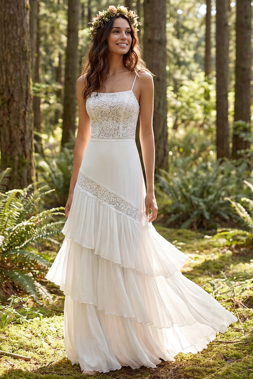 Leely Women Ivory Ruffled Sweep Train Beach Wedding Dress Spaghetti Straps A Line Bridal Dress with Lace