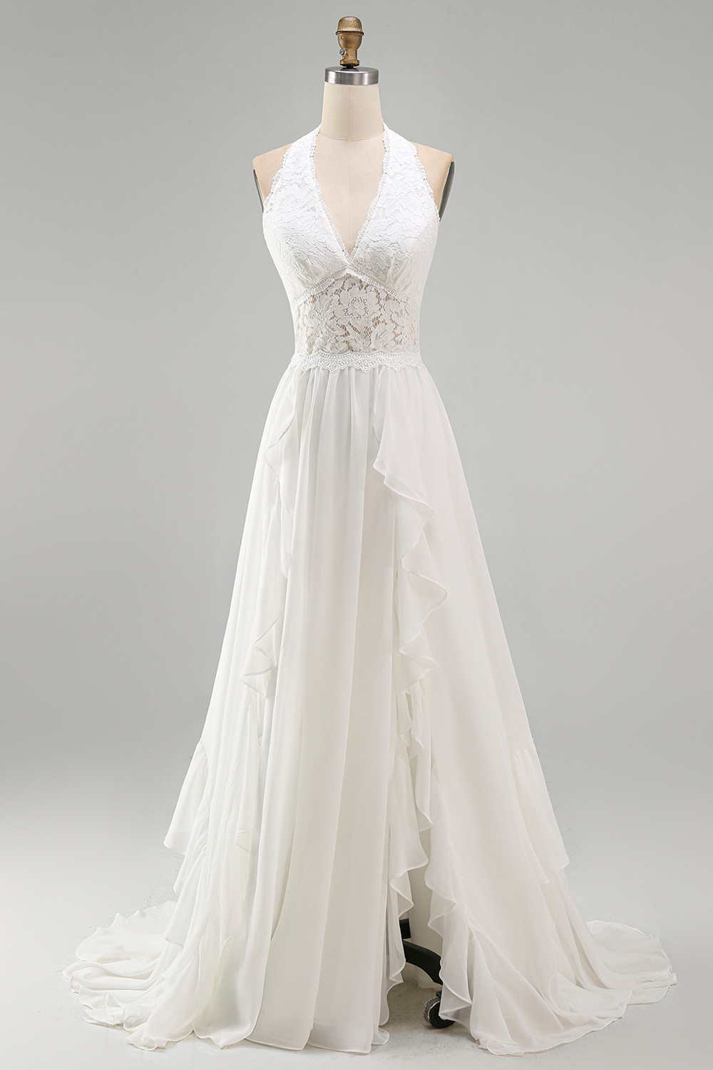 Leely Women Ivory Ruffled Sweep Train Western Wedding Dress with Slit Halter A Line Boho Beach Wedding Dress with Lace