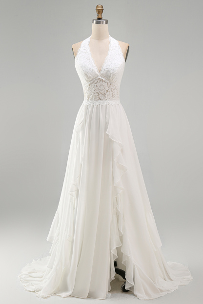 Leely Women Ivory Ruffled Sweep Train Western Wedding Dress with Slit Halter A Line Boho Beach Wedding Dress with Lace