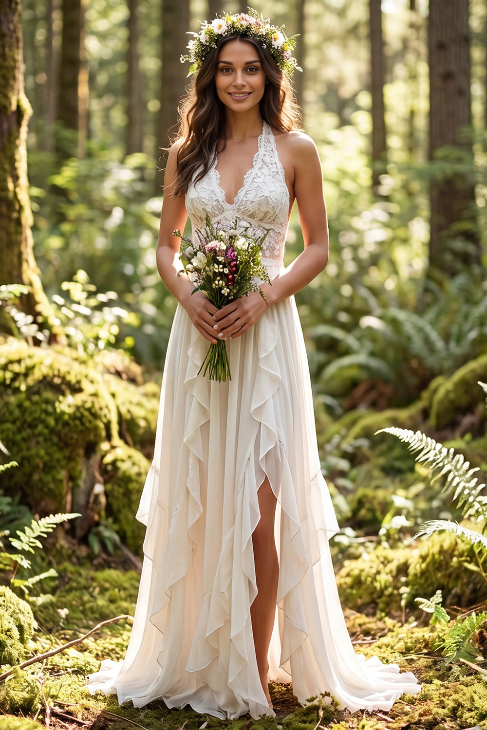 Leely Women Ivory Ruffled Sweep Train Boho Wedding Dress with Slit Halter A Line Beach Bridal Dress with Lace
